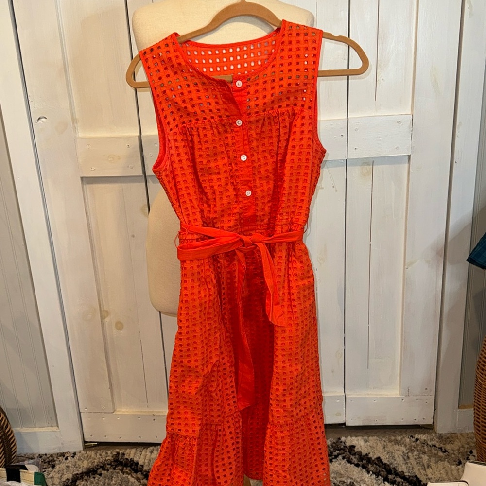 J. Crew Orange Eyelet Waist Tie Midi Dress